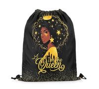 Drawstring Bag American Style Lady Black Women Q-Ueen Crown Glittering Dots Print String Bag Durable Drawstring Backpack Women For Adults Picnic Holiday