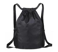 Drawstring Bag, Unisex Large Sports Backpack String Drawstring PE Bags, Sport Gym Sack have Two Side Pockets, Travel Beach Swim School Bag with Waterproof (Black)