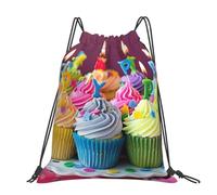 Drawstring Bag Unisex Large Sports Drawstring Backpack Adjustable Straps | Colorful Happy Birthday Cupcakes Printed Cinch Top Gym Bag Sport Gym Sack For Sports Swimming Travel School Yoga