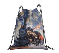 Drawstring Bag Unisex Large Sports Drawstring Backpack Adjustable Straps | Steam Train Clouds Printed Cinch Top Gym Bag Sport Gym Sack For Sports Swimming Travel School Yoga