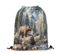 Drawstring Bags 3D Bear Hunt Tree Landscape Soaring Eagle Wildlife Swimming Bag Sports Drawstrings Backpack Storage Gym Sack For Shopping Swimming Picnic M