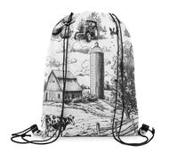 Drawstring Bags 70S Western Farm Scenery Farmhouse Farm Cow Animal Tree Vintage Car Cartoon Clouds Drawstring Backpack Multicolor Gym Sack Resistant Swimming Bag For School Running 36X42CM