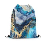 Drawstring Bags Abstract Marble Grain Blue Gold Ink Art Ombre Marbling Aesthetics Gym Bag Storage Swimming Bag Resistant Gym Sack For School Travel Running 36X42CM