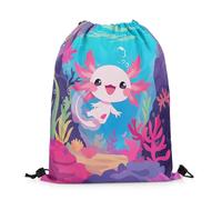 Drawstring Bags Cartoon Axolotl Cute Animal Seaweed Coral Salamander Underwater World Marine Life Gym Bag Multicolor Gym Sack Storage Swimming Bag For Travel School Shopping 36X42CM