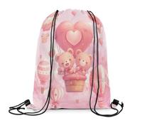 Drawstring Bags Cartoon Bear Pink Heart Hot Balloon Watercolor Clouds Romantic Style Gym Bag Lightweight Swimming Bag Resistant Drawstring Backpack For Running School Travel 36X42CM