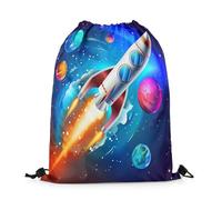 Drawstring Bags Cartoon Rocket Watercolor Planets Galaxy Outer Space Drawstring Backpack Multicolor Gym Sack Lightweight Gym Bag For Travel School Running 36X42CM