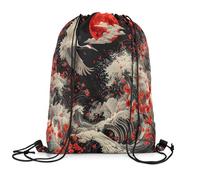 Drawstring Bags Crane Japanese Style Sunset Sea Waves Cherry Cloud Black Red Sakura Gym Bag Storage Swimming Bag Resistant Gym Sack For School Running Shopping 36X42CM