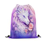 Drawstring Bags Cute Dragon White Dragon Flowers Wild Animals Flower Romantic Purple Pink Drawstring Backpack Multicolor Swimming Bag Lightweight Gym Bag For Running Travel School 36X42CM
