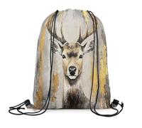 Drawstring Bags Deer 3D Abstract Wild Animal Vintage Gray Gold Stripes Lines Cabin Drawstring Backpack Storage Swimming Bag Lightweight Gym Bag For Travel Running School 36X42CM