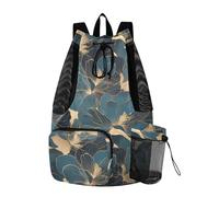 Drawstring Bags For Men Women Summer Camp Bag With Water Bottle Pocket String Bag Waterproof Teal Gold Floral Pattern