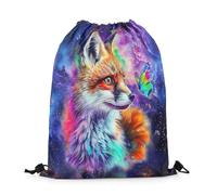 Drawstring Bags Fox Hand Drawn Kawaii Fox Cartoon Spatter Rainbow Wild Butterfly Purple Blue Green Drawstring Backpack Storage Gym Bag Resistant Swimming Bag For Shopping Running School 36X42CM