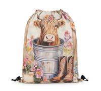 Drawstring Bags Highland Cattle Watercolor Spring Theme Flower Western Country Swimming Bag Lightweight Drawstring Backpack Multicolor Gym Sack For Travel School Shopping 36X42CM