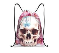Drawstring Bags Human Skull Pink Flowers Cinch Bag Storage Drawstring Backpack Resistant Swimming Bag For Running Travel Shopping 36X42CM