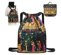 Drawstring Bags Lightweight Waterproof - Foldable Dry-wet Separation Travel Gym Bag for Women, Simple National Style Nylon Retro Style Sports Sack with 6 Pockets for Men Women Girls Students Yoga