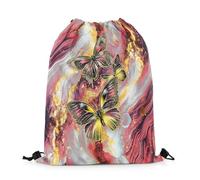 Drawstring Bags Marble Texture Neon Red Gold Marble Flying Butterfly Geometric Lines Gym Bag Multicolor Swimming Bag Lightweight Drawstring Backpack For Shopping Running School 36X42CM