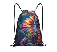 Drawstring Bags Neon Seahorse Pattern Gym Sack Storage Swimming Bag Resistant Drawstring Backpack For Running School Travel 36X42CM