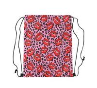 Drawstring Bags Red Lips Pink Black Leopard Print Wild Cheetah Skin Drawstring Backpack Waterproof Gym Sack Resistant Swimming Bag For Party Shopping Travel 36X42CM