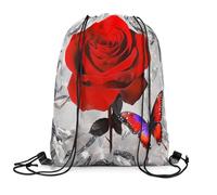 Drawstring Bags Red Romantic Neon Butterflies Vintage Flower Flower Gym Bag Storage Drawstring Backpack Lightweight Swimming Bag For Shopping School Running 36X42CM