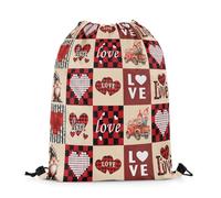 Drawstring Bags Retro Red Black Grid Hearts Cartoon Gnome Farm Truck Romantic Gym Sack Storage Gym Bag Resistant Swimming Bag For Travel School Shopping 36X42CM