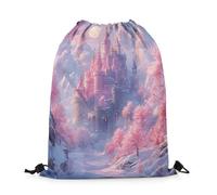 Drawstring Bags Romantic Castle Fairy Tale Dreamy Pink Cherry Swimming Bag Storage Drawstring Backpack Resistant Gym Bag For Running Shopping Travel 36X42CM