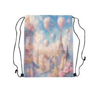 Drawstring Bags Romantic Hot Balloon Dreamy Cartoon 3D Paris City Building Bedroom Drawstring Backpack Lightweight Swimming Bag Multicolor Gym Bag For Travel Running School 36X42CM