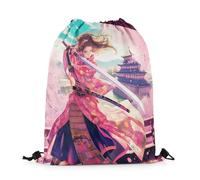 Drawstring Bags Samurai Pink Sakura Flowers Lover Japanese Style Sword Drawstring Backpack Storage Swimming Bag Multicolor Gym Sack For Shopping Travel School 36X42CM
