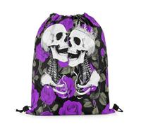 Drawstring Bags Skeleton King And Skull Kissing Lovers Gothic Purple Flower Gym Sack Resistant Swimming Bag Waterproof Drawstring Gym Bag For Running Picnic Traveling S