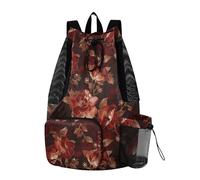 Drawstring Bags Sport Gym Sackpack With Water Bottle Pocket Cinch Bags Dry Wet Separation Dark Red Background with Rose Gold Vintage Floral Pattern on It