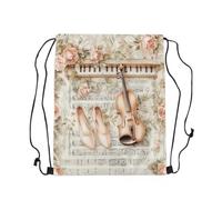 Drawstring Bags Violin Music Pink Flower Vintage Romantic Musical Notes Cinch Bag Waterproof Drawstring Backpack Resistant Swimming Bag For Shopping Travel Running 36X42CM
