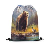 Drawstring Bags Wild Bear 3D Nature Animal Mountain Landscape Gym Bag Multicolor Gym Sack Lightweight Swimming Bag For Shopping Travel Running 36X42CM