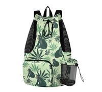 Drawstring Beach Backpack Sports Gym Bag With Water Bottle Pocket String Back Pack Dry Wet Separation Baboon Japanese Style Green