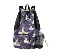 Drawstring Beach Backpack Summer Camp Bag With Water Bottle Holder Pull String Back Pack Wet and Dry Separation Purple Clouds Rabbits Moon