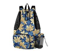 Drawstring Beach Bags Sports Bag With Water Bottle Pocket Pull String Back Pack Wet and Dry Separation Blue and Gold Vintage Maple Leaf