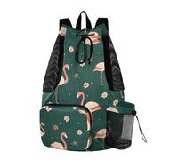 Drawstring Beach Bags Sports Bag With Water Bottle Pocket String Back Pack Wet and Dry Separation Cartoon Sweet Flamingo Green