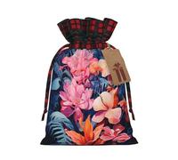 Drawstring Christmas Gift Bags - Colorful Tropical Plant Leaves Print Candy Decorative Pouches, for Holiday Celebrations Wrap Medium