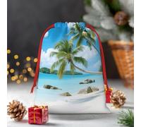Drawstring Christmas Gift Bags, Large Medium Small Xmas Wrapping Bag Reusable Holiday Gift Bags Beach And Coconut Trees Wrapping Merry Pouch For Birthday, Goodies, Xmas Holiday Party Favor Decoration