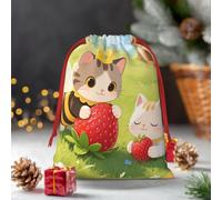 Drawstring Christmas Gift Bags, Large Medium Small Xmas Wrapping Bag Reusable Holiday Gift Bags Cottagecore Strawberry Cat Wrapping Merry Pouch For Birthday, Goodies, Xmas Holiday Party Favor