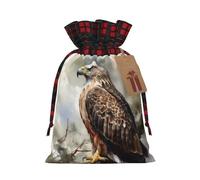 Drawstring Christmas Gift Bags with Tag Small Treat Goody Bags Reusable Gift Wrapping Sacks Pouches Xmas Presents Wrapping Bag Watercolor of Hawk Sitting in The Tree Candy Treat Bag for Party Favors