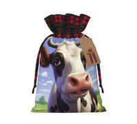 Drawstring Christmas Gift Bags with Tag Small Treat Goody Bags Reusable Gift Wrapping Sacks Pouches Xmas Presents Wrapping Bag Cute Cow Candy Treat Bag for Party Favors Medium