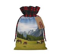Drawstring Christmas Gift Bags with Tag Small Treat Goody Bags Reusable Gift Wrapping Sacks Pouches Xmas Presents Wrapping Bag Mountain Pasture Grazing Horses Candy Treat Bag for Party Favors Medium