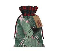 Drawstring Christmas Gift Bags with Tag Small Treat Goody Bags Reusable Gift Wrapping Sacks Pouches Xmas Presents Wrapping Bag Green Palm Tree Leaves Candy Treat Bag for Party Favors Medium