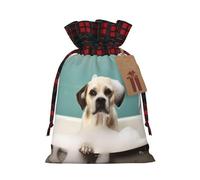 Drawstring Christmas Gift Bags with Tag Small Treat Goody Bags Reusable Gift Wrapping Sacks Pouches Xmas Presents Wrapping Bag Bath and Dog Candy Treat Bag for Party Favors Medium