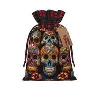 Drawstring Christmas Gift Bags with Tag Small Treat Goody Bags Reusable Gift Wrapping Sacks Pouches Xmas Presents Wrapping Bag Colorful Sugar Skulls Candy Treat Bag for Party Favors Medium