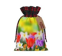 Drawstring Christmas Gift Bags with Tag Small Treat Goody Bags Reusable Gift Wrapping Sacks Pouches Xmas Presents Wrapping Bag Spring Flowers Candy Treat Bag for Party Favors Small