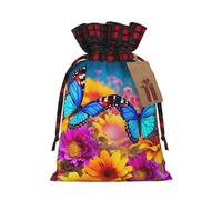 Drawstring Christmas Gift Bags with Tag Small Treat Goody Bags Reusable Gift Wrapping Sacks Pouches Xmas Presents Wrapping Bag Colorful Butterfly Flower Candy Treat Bag for Party Favors Medium