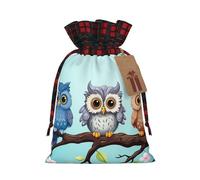 Drawstring Christmas Gift Bags with Tag Small Treat Goody Bags Reusable Gift Wrapping Sacks Pouches Xmas Presents Wrapping Bag Owls on a branch Candy Treat Bag for Party Favors Medium