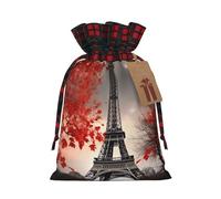 Drawstring Christmas Gift Bags with Tag Small Treat Goody Bags Reusable Gift Wrapping Sacks Pouches Xmas Presents Wrapping Bag Eiffel Tower Autumn Leaves Candy Treat Bag for Party Favors Small