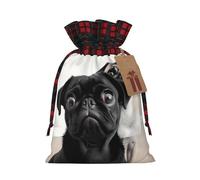 Drawstring Christmas Gift Bags with Tag Small Treat Goody Bags Reusable Gift Wrapping Sacks Pouches Xmas Presents Wrapping Bag Cute Black Pug Dog Candy Treat Bag for Party Favors Medium