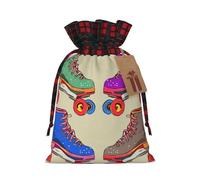 Drawstring Christmas Gift Bags with Tag Small Treat Goody Bags Reusable Gift Wrapping Sacks Pouches Xmas Presents Wrapping Bag Retro Colorful Roller Skates Candy Treat Bag for Party Favors Medium