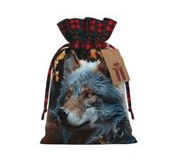 Drawstring Christmas Gift Bags with Tag Small Treat Goody Bags Reusable Gift Wrapping Sacks Pouches Xmas Presents Wrapping Bag Autumn leaves and a wolf Candy Treat Bag for Party Favors Small